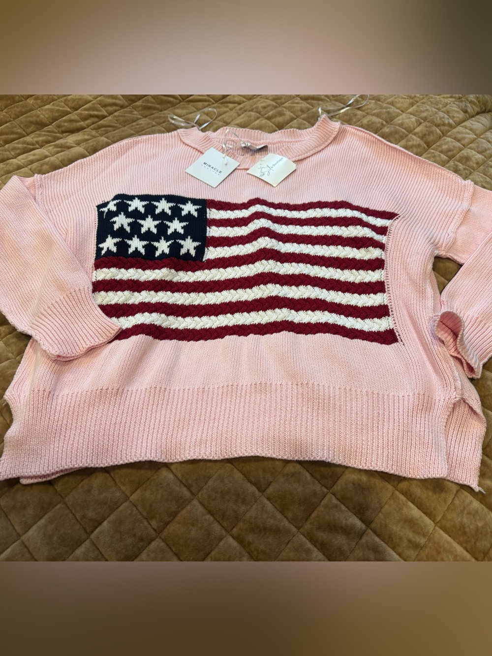 Miracle Pink Crewneck Sweater with Flag Motif-get ready for AMERICA’S 250th bday